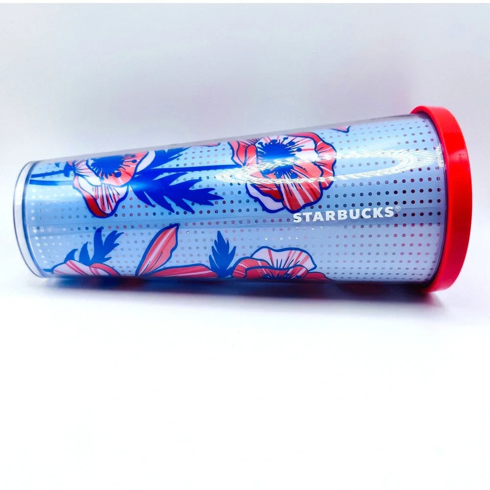 Starbucks Poppy Floral Cup Tumbler 24oz Blue Polka Dot Venti Acrylic Cold 2017